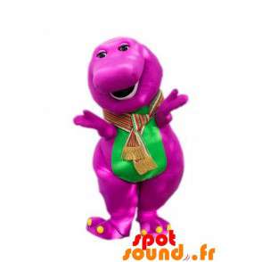 Mascote de dinossauro roxo e verde com um grande focinho