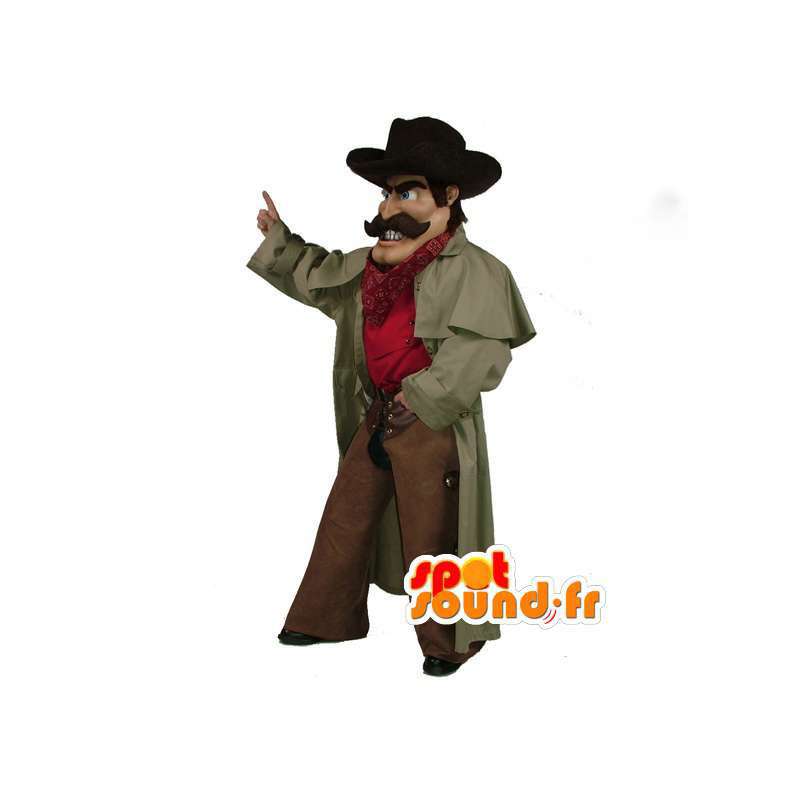 Cowboy maskotti hänen hattu ja pitkä takki - MASFR003524 - Mascottes Homme