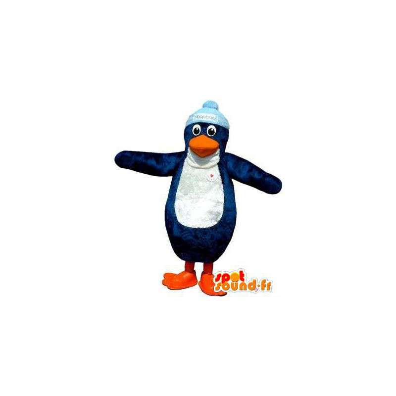 Azul e branco mascote pingüim com uma tampa - MASFR004864 - pinguim mascote