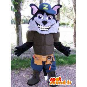 Wolf mascot dressed as a workman. Muscular wolf suit - MASFR004882 - Mascots Wolf